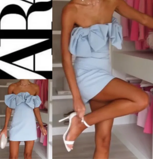 ZARA NWT VIRAL TIK TOK blogger’s FAVORITE stunning BLUE STRAPLESS BOW DRESS S - Image 3