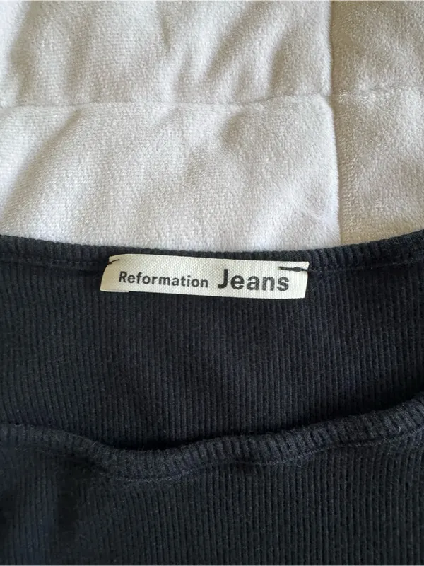 Reformation Black Ribbed Lettuce-Edge Crop Top - Image 3
