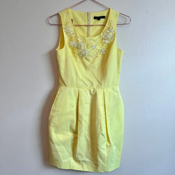 ASOS Mini Dress Womens 2 Yellow Crystal Embellished Pleated Summer Wedding Party - Image 2