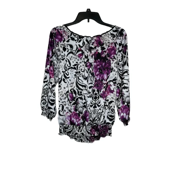 WHBM Women's‎ Top Satin Floral V-Neck Tie Chiffon Tie 3/4 Sleeves Purple Small - Image 7