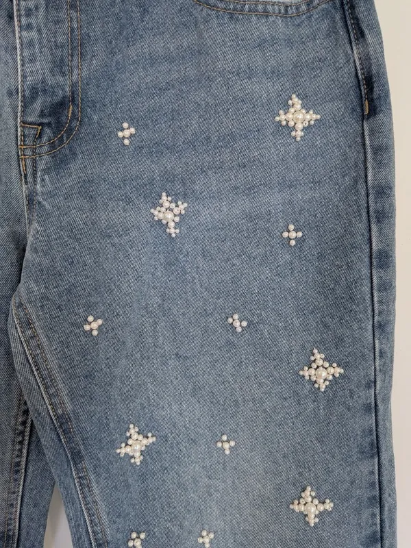 NWT Pearl Beaded Star Embellished Straight Leg Denim Jeans Sz 9 Medium Wash - Image 9