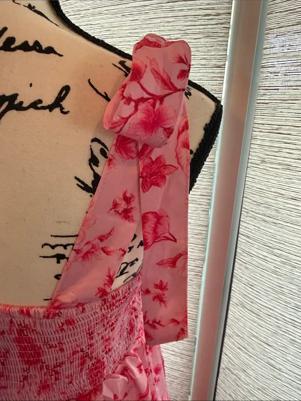 Wenrine Woman’s Tiered Summer Pink Floral Maxi Dress with Tie Straps - Image 6