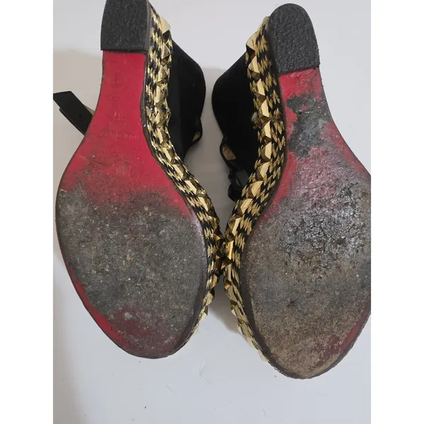 Christian Louboutin Cataclou 140 Black Suede Gold Spike Stud Platform Wedg - Image 5