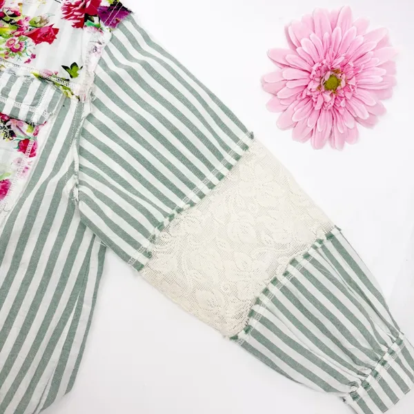 POL Striped Sage Multi Balloon Sleeve Printed Woven Mixed Print Shirt Shacket - Image 11