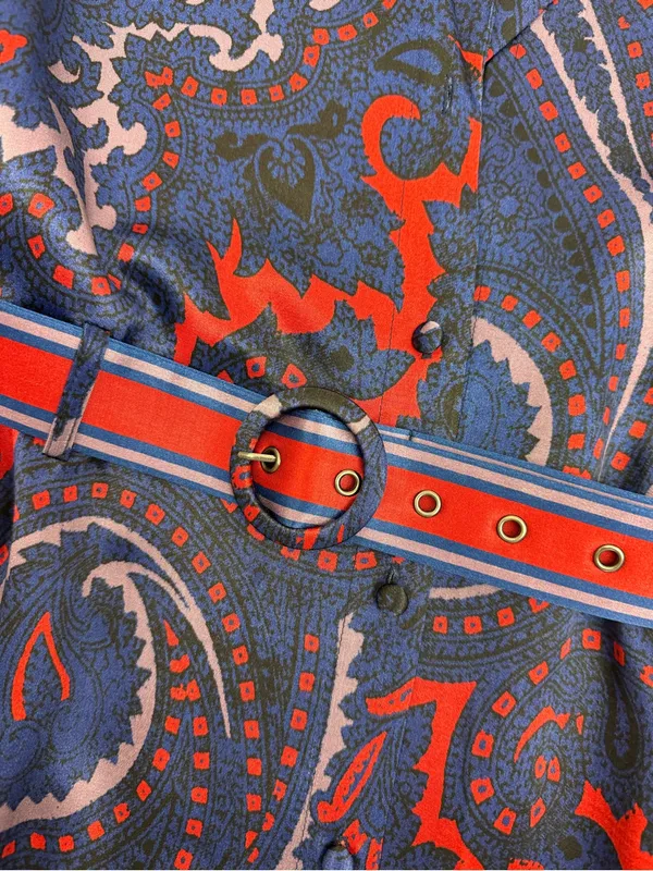 Hermoza Gabriela Printed Satin Belted Dress Midnight Blue Red - Image 9