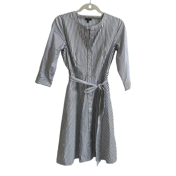 Talbots Shirt Dress Womens 2P Gray White Striped Preppy Cotton Fit Flare Pockets - Image 3