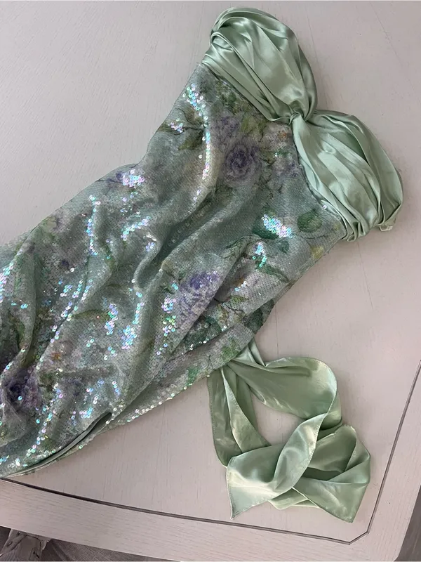 City Triangles Sage Green Sequin Dress with Slit and Satin - Image 4