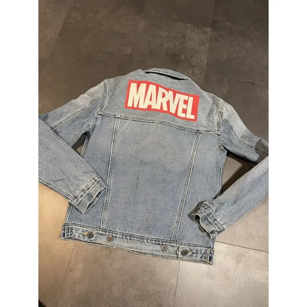 Marvel Jean Jacket Men XS‎ Blue Trucker Comic Big Spell Out D-335 - Image 3