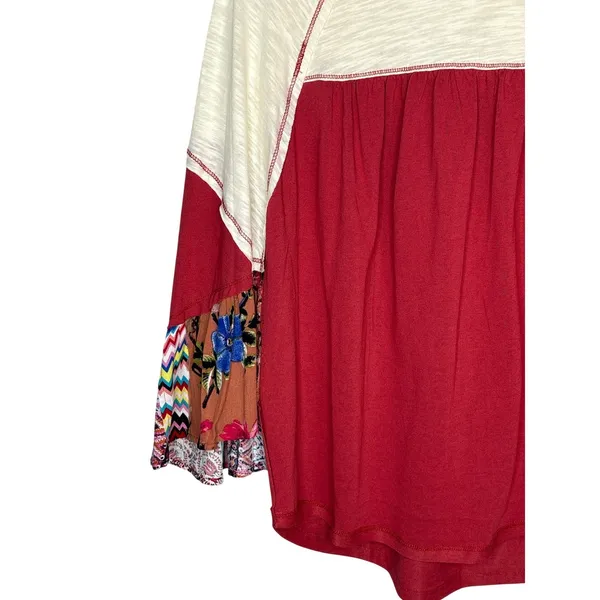 Oddi Boho‎ Mixed Media Bell Sleeve Top Floral Patchwork Red Women Size Med/Large - Image 5