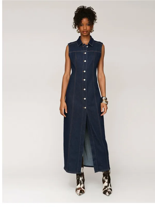 Avec Les Filles Dark Blue Denim Button-Front Maxi Dress - Image 2