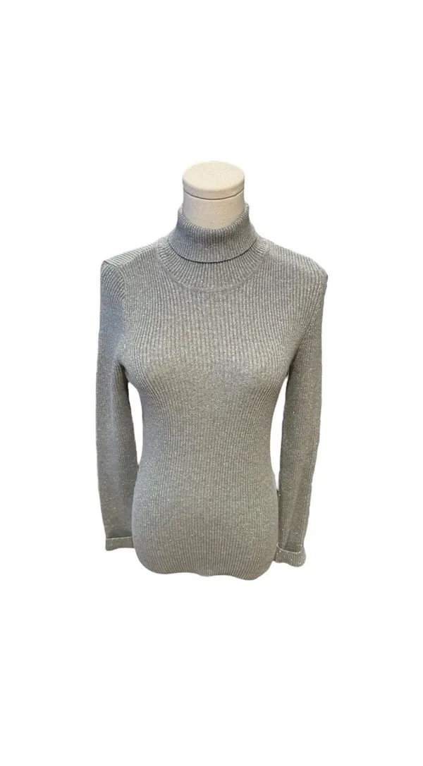 Basic Editions Women's Silver Metallic Ribbed Turtleneck Long Sleeve Sweater - Image 3