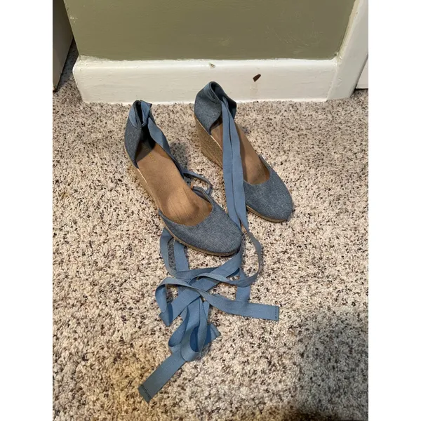 Old Navy Womens Size 8 Chambray Espadrille Wedge Shoes Ankle Ribbon Ties Sandals - Image 2