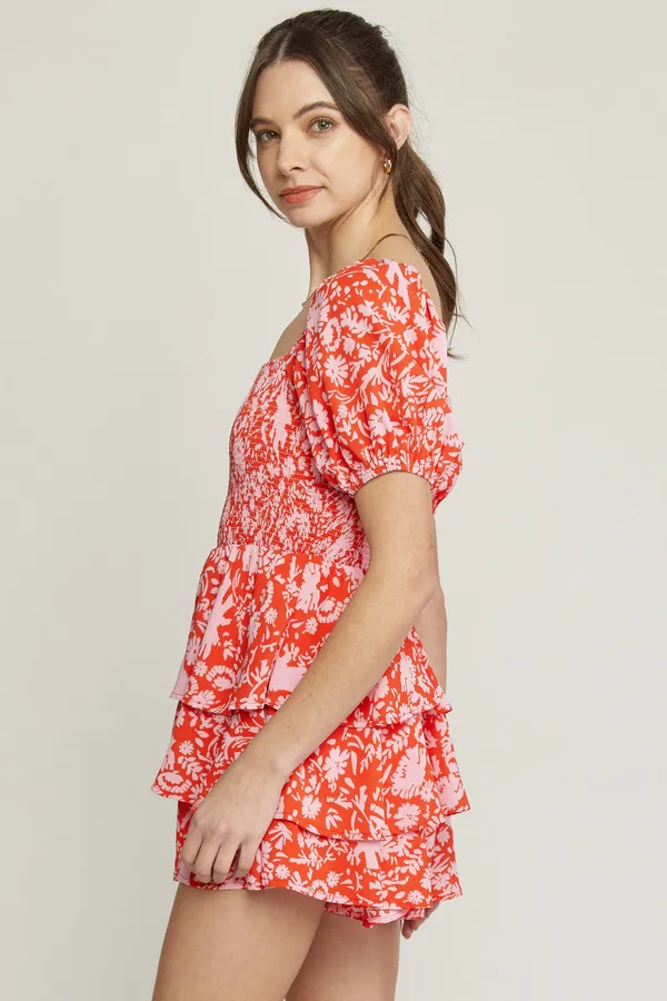 Entro Floral Patterned Smocked Puff Sleeve Ruffle Skirt Romper Dress - Image 3