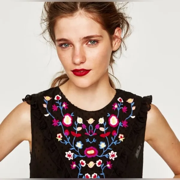 Zara Blouse Embroidered Boho Swiss Dot Sleeveless Ruffle Top Blouse Small‎ Black - Image 4