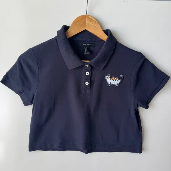 Forever 21 Crop Top Polo Shirt Cat Embroidery‎ Short Sleeve Navy S - Image 3
