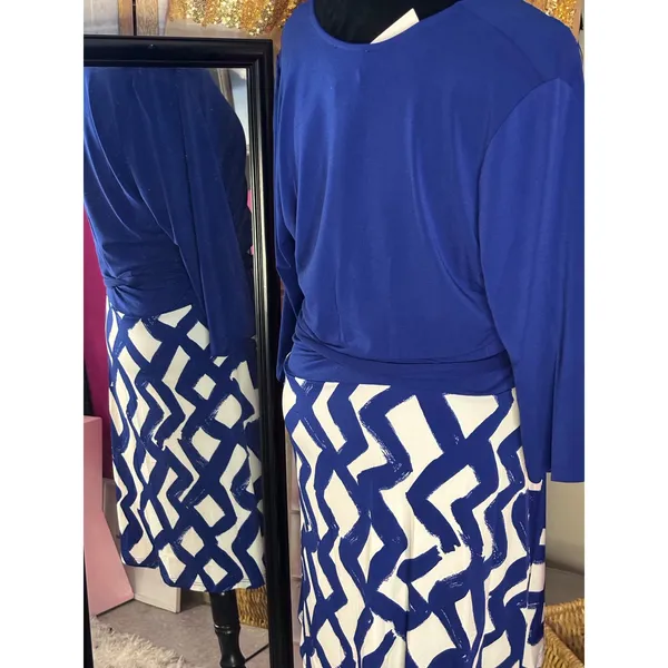 Leota‎ Faux Wrap Dress XXL Blue Zig Zag Navy Crepe V-Neck 3/4 Sleeve NWT 2515 - Image 8