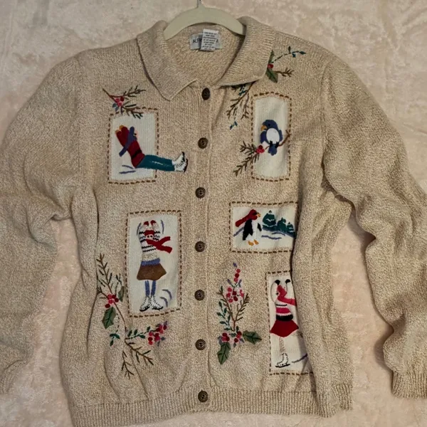 Alfred Dunner Vintage Winter Embroidered Cardigan Sweater Tan XL Ramie Cotton - Image 13