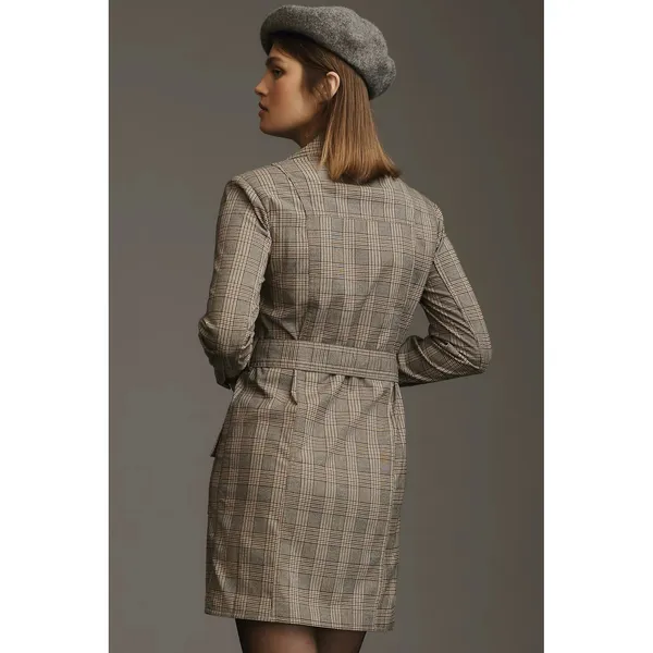 Anthropologie PILCRO Belted Blazer Dress Plaid Glen Check Brown Pockets Medium - Image 8