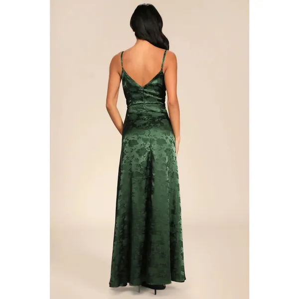 NWT Lulus Simply Dreamy Emerald Green Satin Floral Jacquard Maxi Dress Sz XS - Image 2