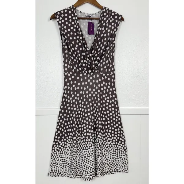 LASCANA Polka Dot Faux Wrap Midi Dress 6 Brown White Retro Pinup - Image 3