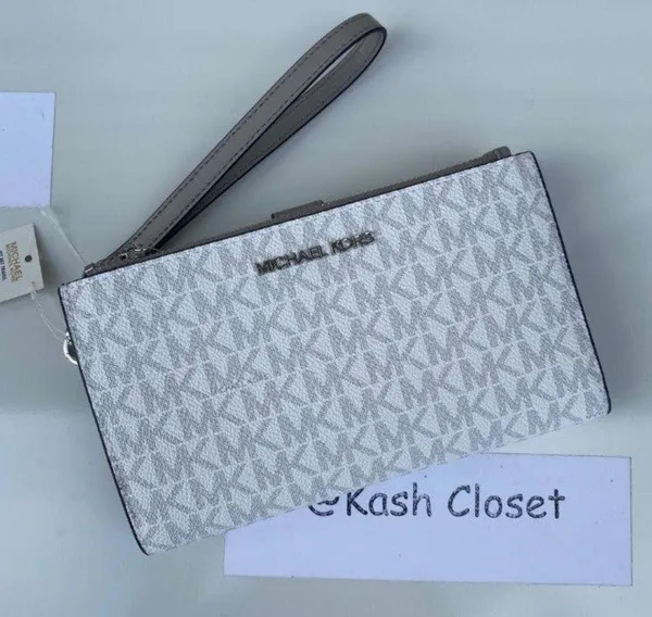 Michael Kors Bright White Double Zip Wristlet Large MK Signature Wallet - Image 7