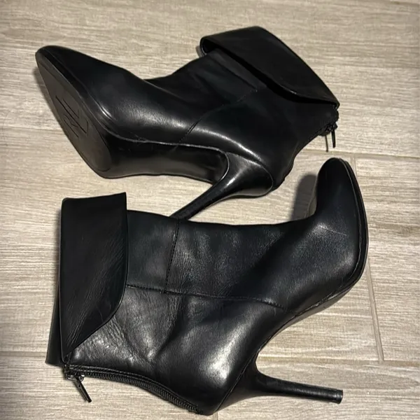 Ralph Lauren Black Leather Leola Fold-Over High Heel Boots‎ Size 7.5 booties - Image 11