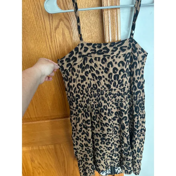 Papaya Leopard Print Ruffle Zip Front Mini Dress Tan Black Smocked Waist Small - Image 6