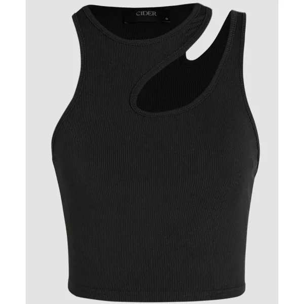 Cider Black Solid Asymmetrical Sleeveless Crop Top Ribbed Tank Top Size Large - Image 3