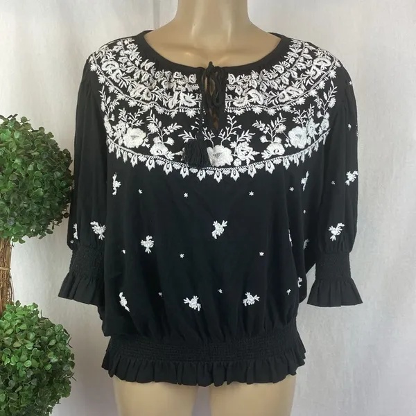 Ralph Lauren Black & White Peasant Boho Cottagecore Embroidered Blouse Top M - Image 2
