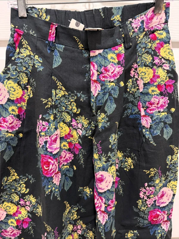 Maeve by Anthropologie Avery Black Floral Rose Wide-Leg Pants Linen Trousers XS - Image 3