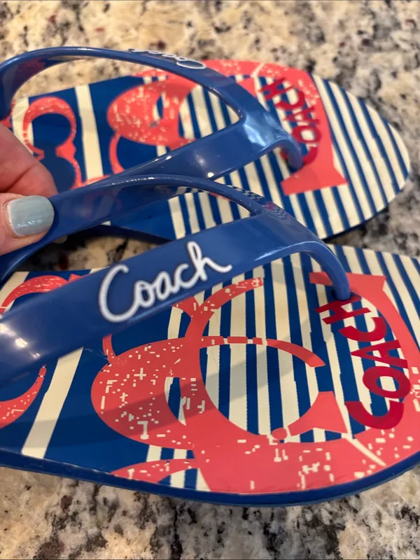 Coach Poppy Navy & Coral Striped Logo Flip Flops - Image 8