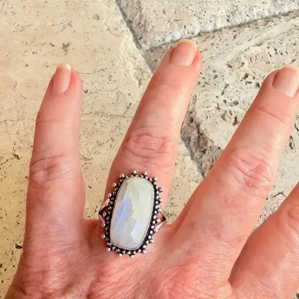Rainbow Moonstone 925 Silver Overlay Ring Size 9 - Image 2