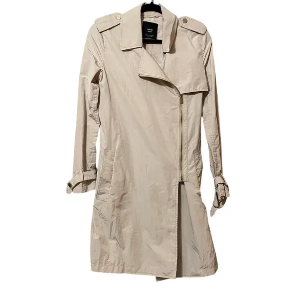 Mango Basics Khaki Moto Zip Trench Coat Womens XS Tan Neutral Classic Lightweight - Image 2