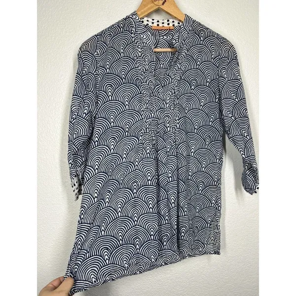 Oliphant Small S Printed Cotton Top Navy White Pleated Pintuck Tuckernuck - Image 3