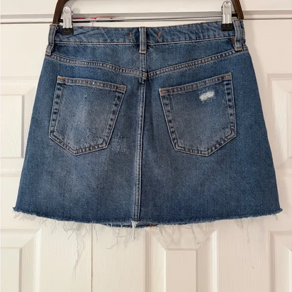 We The Free People Denim Mini Skirt Button Fly Distressed Raw Hem Blue‎ Size 28 - Image 2