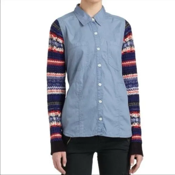 ✨We the Free People Fair Isle Sweater Knit Sleeve Chambray Sz SX✨ - Image 2