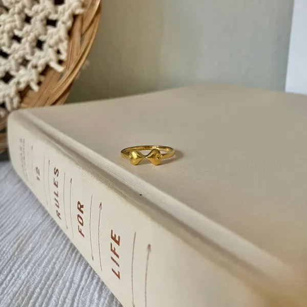 Two Hearts Gold Bow Petite Ring “Angel” Classic Girly Femme Band Stacking Neutral Jewelry - Image 8