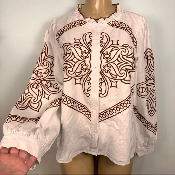 &Merci Embroidered Womens Top Blouse Sz M 100% Cotton White/Brown Puff Sleeves - Image 4