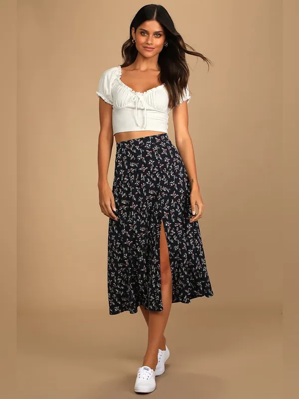 Lulus Bliss Me Navy Blue Floral Print Midi Skirt - Image 3