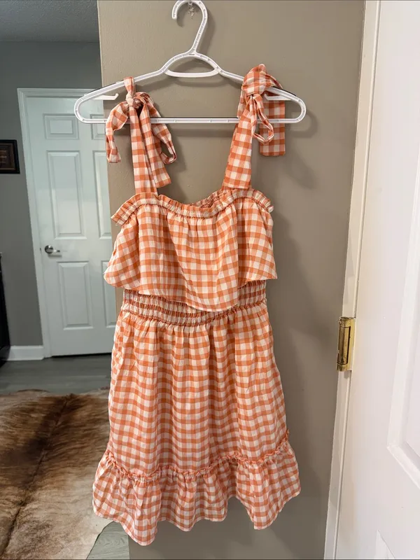 Molly Green Orange & White Gingham Gameday Tiered Ruffle Mini Dress Small $78 - Image 2