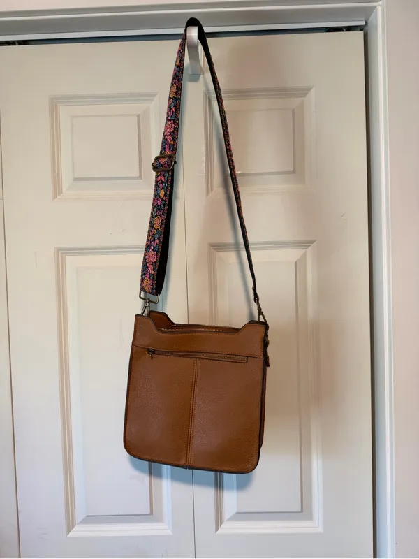Women’s Tan Crossbody Bag with Floral Adjustable Strap - Image 4
