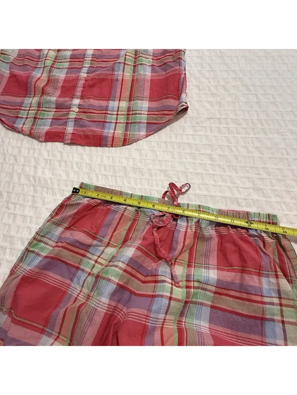 Lauren Ralph Lauren Plaid Multi Color Pajama Button Up Shirt & Shorts Set Medium - Image 2
