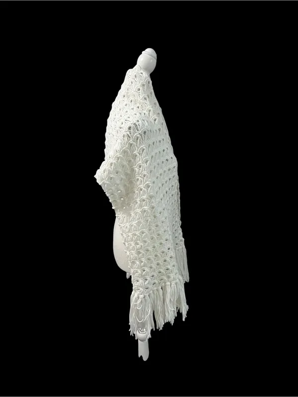 Handmade Vintage Hand Crochet Shawl Wrap Open Knit White Fringe - Image 3