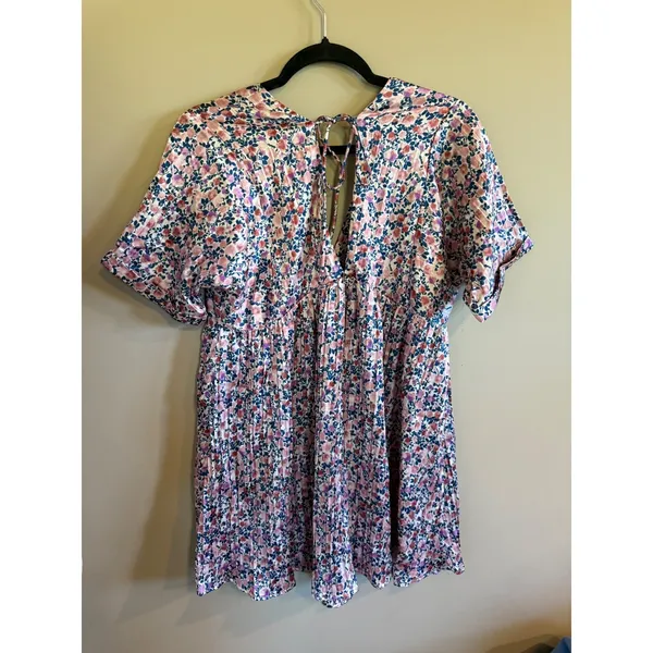 Lulus Floral Print Mini Dress V Neck Empire‎ Waist Tie Back Short Sleeve S - Image 5