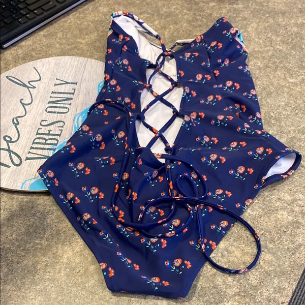 Cupshe Blue and Red Floral One Piece Swimsuit with Corset lacing in back - Image 2