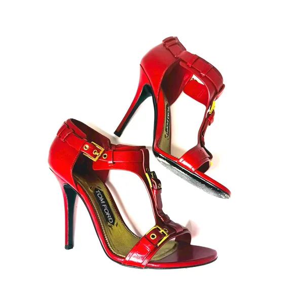 Tom Ford Red Leather Buckle T Strap High Heel Sandals EU 37.5 - Image 2
