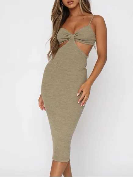 White Fox Boutique Taupe Cutout Knit Midi Dress - Image 2