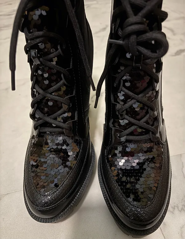 Cape Robbin Black Sequin Lace-Up Ankle Boots - Image 5