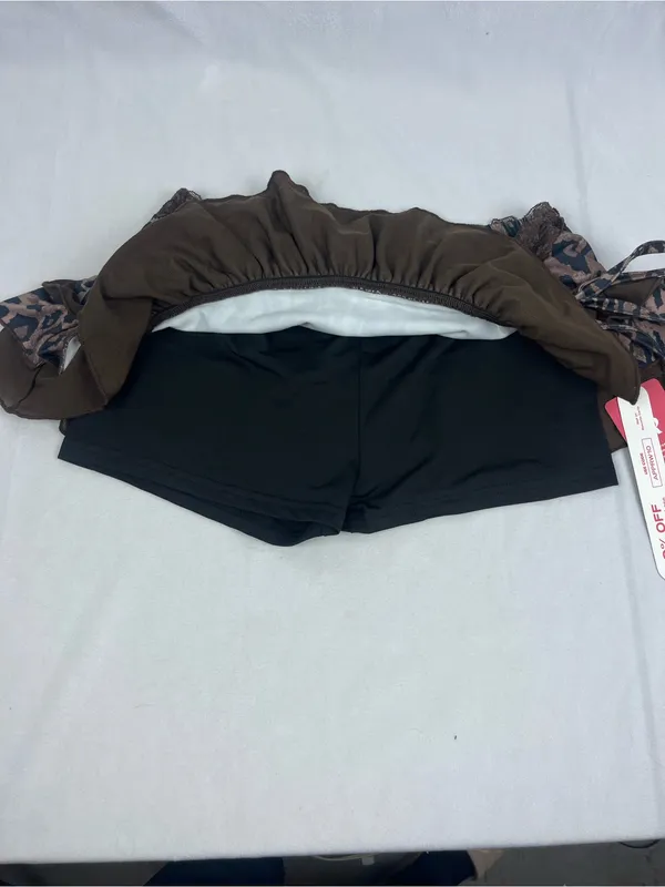 Romwe Brown Animal Print Ruffle Ruched Side Tie Mini Skirt w/ Undershorts Women Size S - Image 5