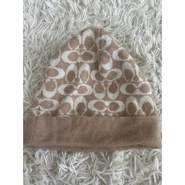 Vintage y2k Coach Signature C Logo Beanie Hat Tan Cream Wool Blend OS‎ - Image 3